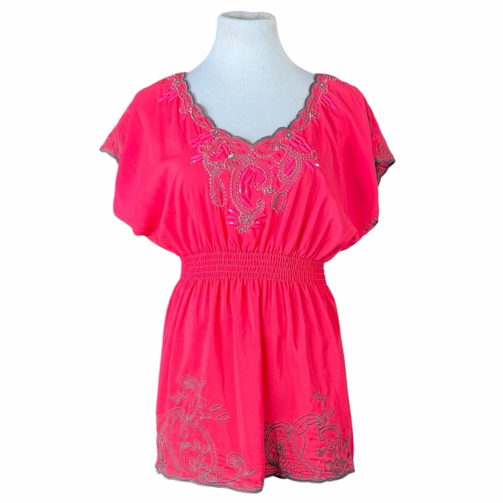 S. Line Coral & Gray Embroidered Beaded Smocked Waist Peasant Blouse - Medium